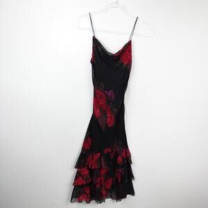Betsey Johnson Vintage 90s Rose Black Silk Ruffle Spaghetti Strap Dress 2 USA